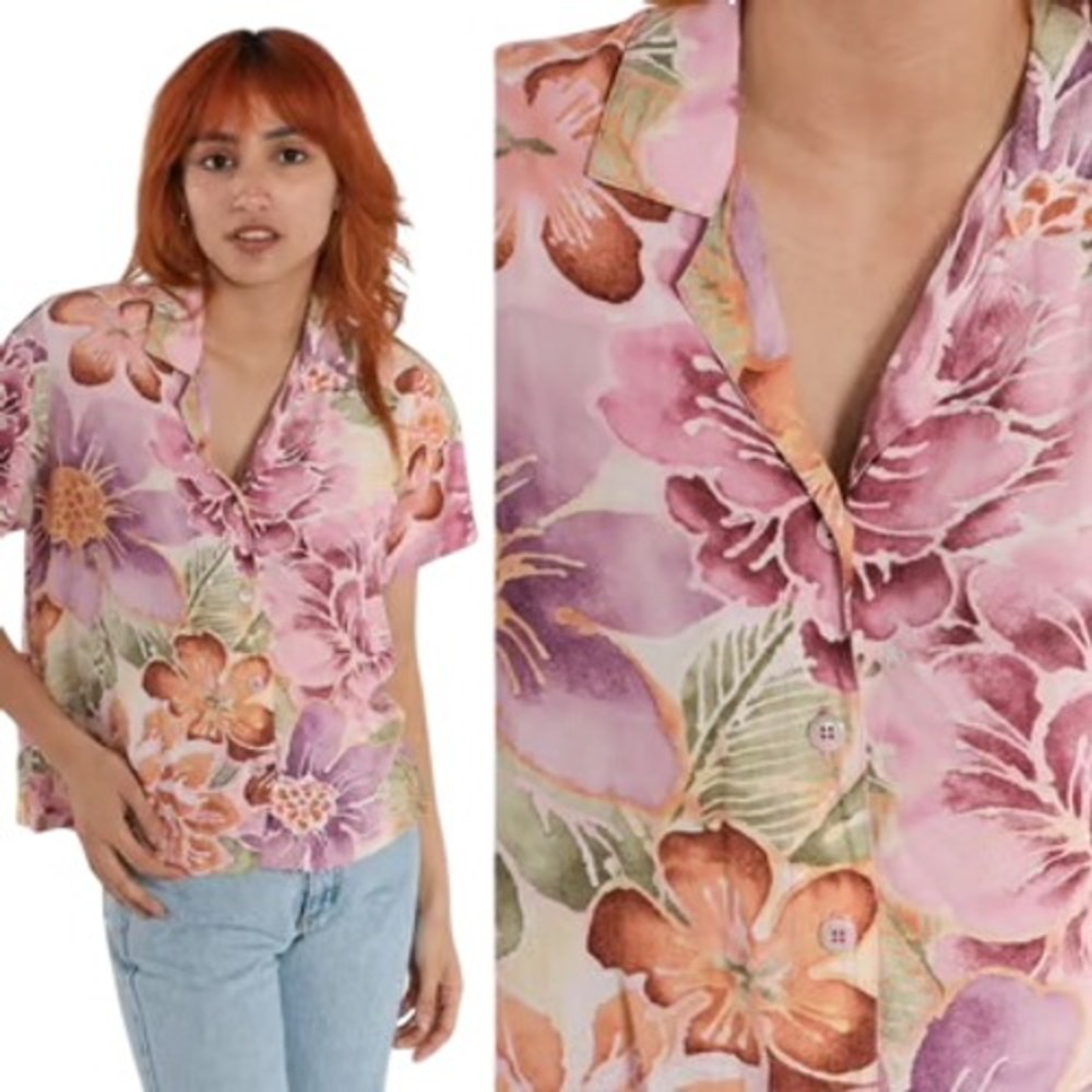 Jams World Tropical Hawaiian Shirt Women M Pink Vintage Y2K Retro Beach Coastal